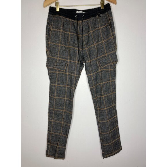 PacSun Plaid Cargo Pants Elastic Waist Drawstring Gray Black Orange Mens Medium - Picture 1 of 7